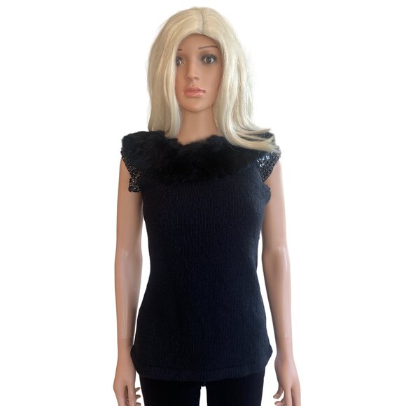 Poleci Tops - NWT Poleci Black Knit Wool/Cashmere Fur Trimmed Embellished Tank Top **